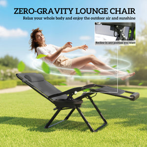 Zero Gravity Lounger Chair, Padded Folding Reclining Patio Chair with Cup Holder, Detachable Headrest, Extra Wide Seat, 400 LBS Capacity for Pool, Camping, Dark Grey