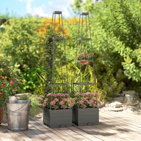 2 Pack Raised Garden Bed with Trellis, Plastic Outdoor Planter Box with Removable Drainage Tray, Tomato Cage for Climbing Plants, Vegetables, Flowers, 28 x 28 x 140 cm