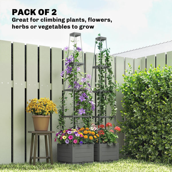 2 Pack Raised Garden Bed with Trellis, Plastic Outdoor Planter Box with Removable Drainage Tray, Tomato Cage for Climbing Plants, Vegetables, Flowers, 28 x 28 x 140 cm