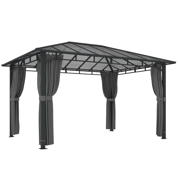 3 x 4 m Outdoor Hardtop Gazebo Canopy with Polycarbonate Roof, Waterproof Aluminium Permanent Pavilion Garden Gazebo Patio Shelter with Curtains, Dark Grey