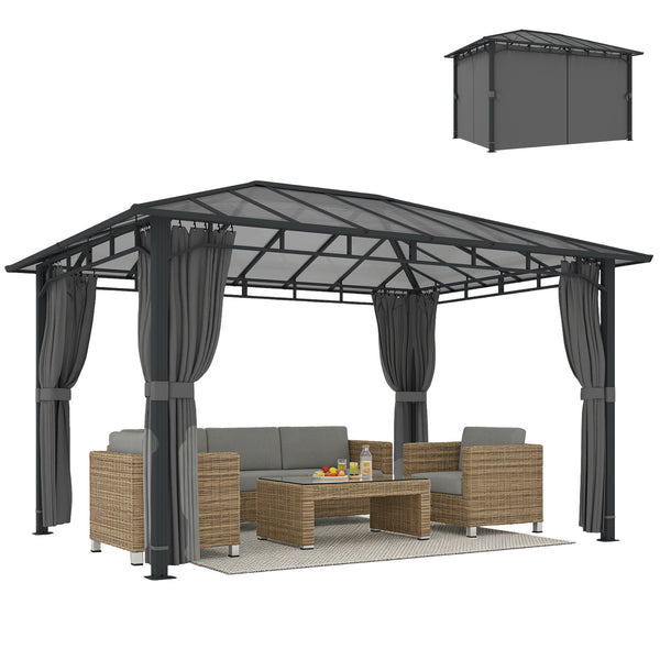 3 x 4 m Outdoor Hardtop Gazebo Canopy with Polycarbonate Roof, Waterproof Aluminium Permanent Pavilion Garden Gazebo Patio Shelter with Curtains, Dark Grey