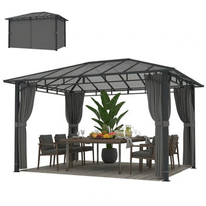 3 x 4 m Outdoor Hardtop Gazebo Canopy with Polycarbonate Roof, Waterproof Aluminium Permanent Pavilion Garden Gazebo Patio Shelter with Curtains, Dark Grey