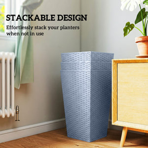 Tall Planters for Outdoor Plants Set of 3, 24 In Taper Planters with Drainage Holes, Rattan Decor Plant Pots for Indoor Outdoor Front Porch Patio Backyard, Light Gray