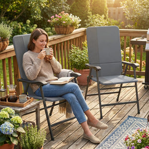 Folding Patio Chairs Set of 2, Padded High Back Folding Lawn Chairs with Armrests, 600D Oxford Fabric, Portable Outdoor Camping Chair Set for Deck, Garden, Backyard, Light Gray
