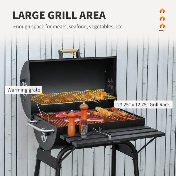 30" Portable Barrel Charcoal BBQ Grill with 370 Square Inches Cooking Space & Storage Shelf for Garden Camping Picnic, Black