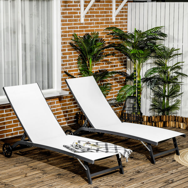 Lounge Chair Outdoor Set of 2 with Wheels, 5-Position Reclining Chaise Lounge Tanning Chair, Breathable Mesh Sun Lounger for Patio, Backyard, Beach, Poolside, Cream White