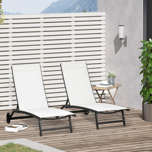 Lounge Chair Outdoor Set of 2 with Wheels, 5-Position Reclining Chaise Lounge Tanning Chair, Breathable Mesh Sun Lounger for Patio, Backyard, Beach, Poolside, Cream White