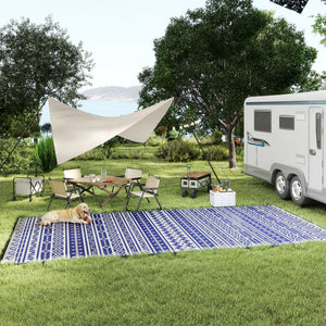 Outdoor Rug for Patio, 9' x 18' Waterproof Large Mat, Reversible Plastic Straw Rug for Decor, Portable Outside RV Camping Area Carpet Mat for Backyard Porch Deck Picnic, Blue White Geometric