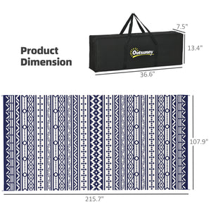 Outdoor Rug for Patio, 9' x 18' Waterproof Large Mat, Reversible Plastic Straw Rug for Decor, Portable Outside RV Camping Area Carpet Mat for Backyard Porch Deck Picnic, Blue White Geometric