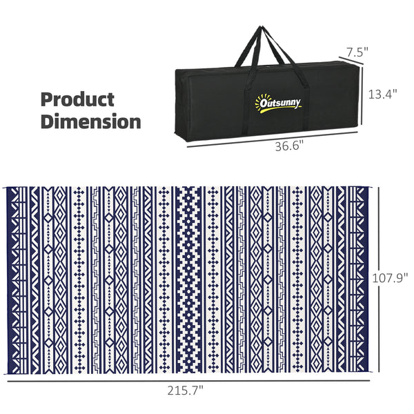 Outdoor Rug for Patio, 9' x 18' Waterproof Large Mat, Reversible Plastic Straw Rug for Decor, Portable Outside RV Camping Area Carpet Mat for Backyard Porch Deck Picnic, Blue White Geometric