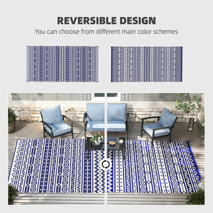 Outdoor Rug for Patio, 9' x 18' Waterproof Large Mat, Reversible Plastic Straw Rug for Decor, Portable Outside RV Camping Area Carpet Mat for Backyard Porch Deck Picnic, Blue White Geometric