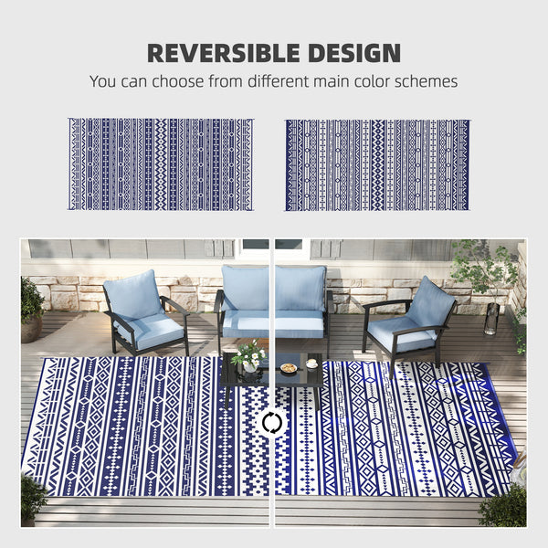 Outdoor Rug for Patio, 9' x 18' Waterproof Large Mat, Reversible Plastic Straw Rug for Decor, Portable Outside RV Camping Area Carpet Mat for Backyard Porch Deck Picnic, Blue White Geometric