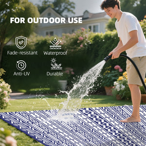 Outdoor Rug for Patio, 9' x 18' Waterproof Large Mat, Reversible Plastic Straw Rug for Decor, Portable Outside RV Camping Area Carpet Mat for Backyard Porch Deck Picnic, Blue White Geometric