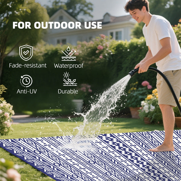 Outdoor Rug for Patio, 9' x 18' Waterproof Large Mat, Reversible Plastic Straw Rug for Decor, Portable Outside RV Camping Area Carpet Mat for Backyard Porch Deck Picnic, Blue White Geometric