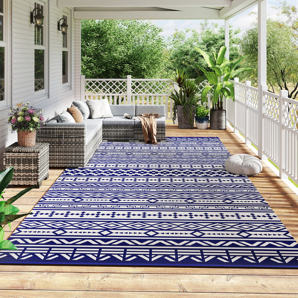 Outdoor Rug for Patio, 9' x 18' Waterproof Large Mat, Reversible Plastic Straw Rug for Decor, Portable Outside RV Camping Area Carpet Mat for Backyard Porch Deck Picnic, Blue White Geometric
