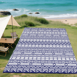 Outdoor Rug for Patio, 9' x 18' Waterproof Large Mat, Reversible Plastic Straw Rug for Decor, Portable Outside RV Camping Area Carpet Mat for Backyard Porch Deck Picnic, Blue White Geometric