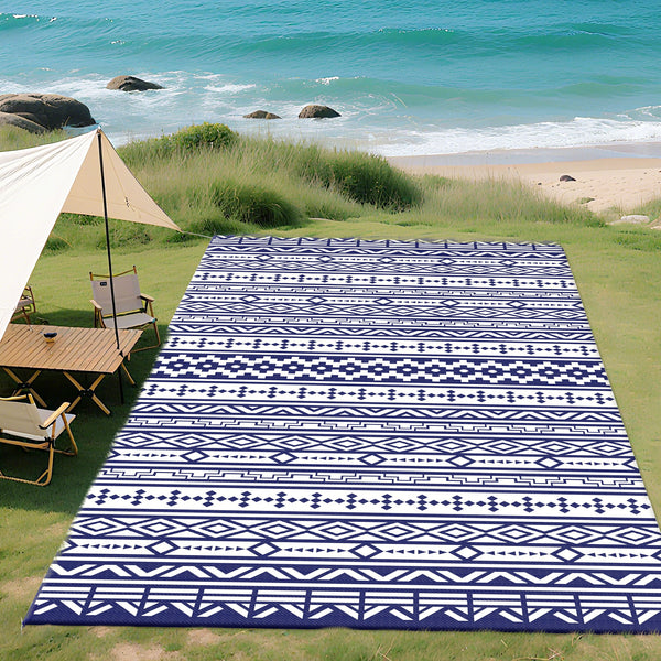 Outdoor Rug for Patio, 9' x 18' Waterproof Large Mat, Reversible Plastic Straw Rug for Decor, Portable Outside RV Camping Area Carpet Mat for Backyard Porch Deck Picnic, Blue White Geometric