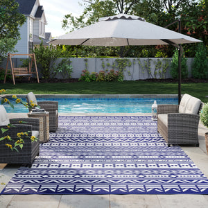 Outdoor Rug for Patio, 9' x 18' Waterproof Large Mat, Reversible Plastic Straw Rug for Decor, Portable Outside RV Camping Area Carpet Mat for Backyard Porch Deck Picnic, Blue White Geometric