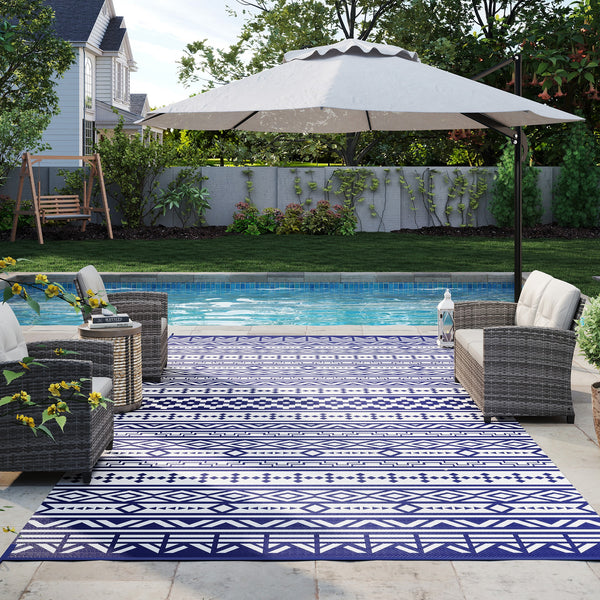 Outdoor Rug for Patio, 9' x 18' Waterproof Large Mat, Reversible Plastic Straw Rug for Decor, Portable Outside RV Camping Area Carpet Mat for Backyard Porch Deck Picnic, Blue White Geometric