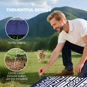 Outdoor Rug for Patio, 9' x 18' Waterproof Large Mat, Reversible Plastic Straw Rug for Decor, Portable Outside RV Camping Area Carpet Mat for Backyard Porch Deck Picnic, Blue White Geometric