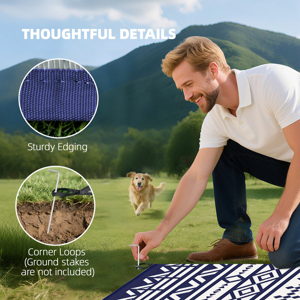 Outdoor Rug for Patio, 9' x 18' Waterproof Large Mat, Reversible Plastic Straw Rug for Decor, Portable Outside RV Camping Area Carpet Mat for Backyard Porch Deck Picnic, Blue White Geometric