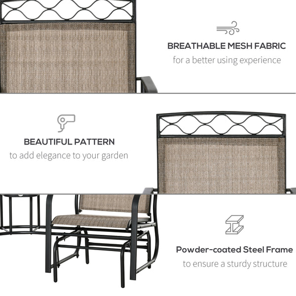 Double Outdoor Glider Chair, 2 Seater Patio Rocking Chairs, Swing Bench with Tempered Glass Table, Breathable Mesh Fabric for Backyard, Garden, Porch, Brown