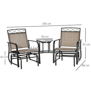 Double Outdoor Glider Chair, 2 Seater Patio Rocking Chairs, Swing Bench with Tempered Glass Table, Breathable Mesh Fabric for Backyard, Garden, Porch, Brown