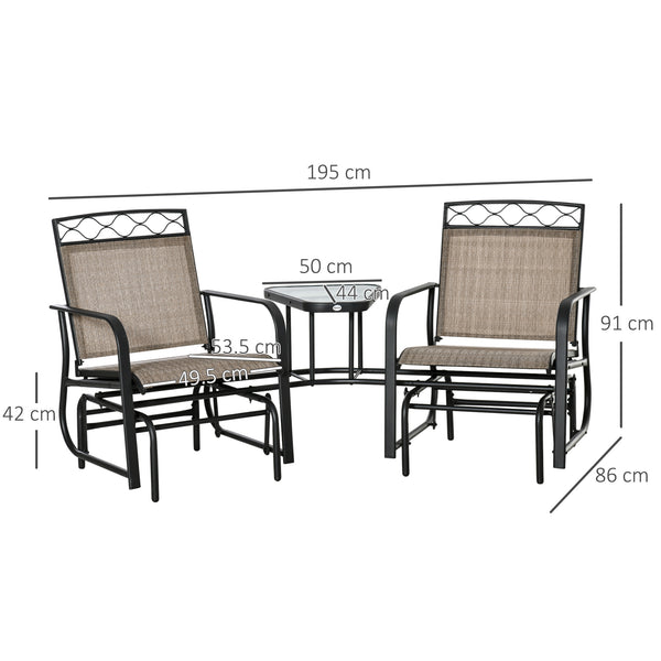 Double Outdoor Glider Chair, 2 Seater Patio Rocking Chairs, Swing Bench with Tempered Glass Table, Breathable Mesh Fabric for Backyard, Garden, Porch, Brown