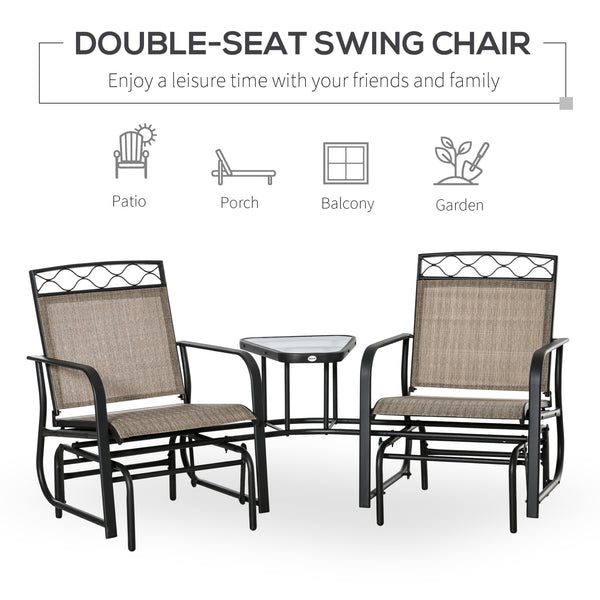 Double Outdoor Glider Chair, 2 Seater Patio Rocking Chairs, Swing Bench with Tempered Glass Table, Breathable Mesh Fabric for Backyard, Garden, Porch, Brown