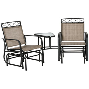 Double Outdoor Glider Chair, 2 Seater Patio Rocking Chairs, Swing Bench with Tempered Glass Table, Breathable Mesh Fabric for Backyard, Garden, Porch, Brown