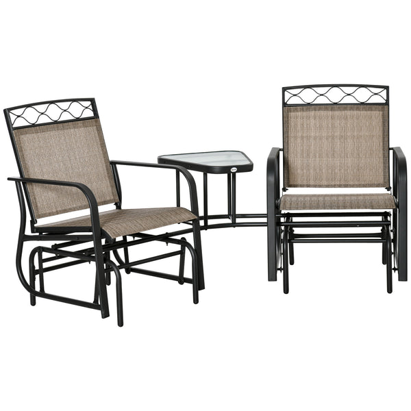 Double Outdoor Glider Chair, 2 Seater Patio Rocking Chairs, Swing Bench with Tempered Glass Table, Breathable Mesh Fabric for Backyard, Garden, Porch, Brown