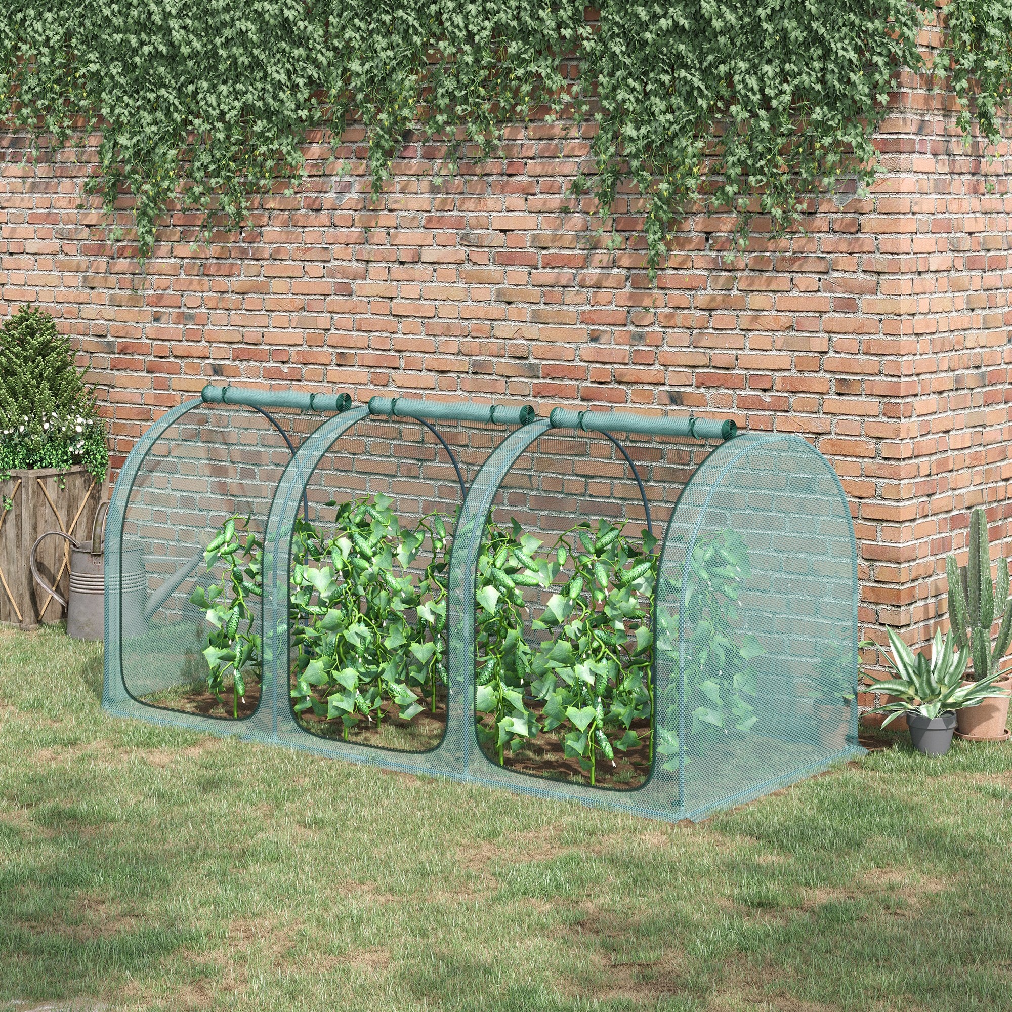 outsunny grow tent Outsunny 9' x 4' Plant Protection Tent with 3 Zippered Doors, Storage Bag and 4 Ground Stakes, Green