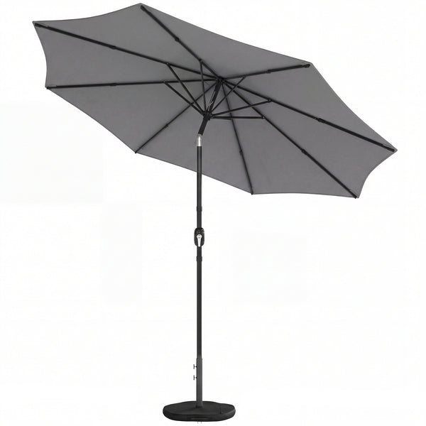 2.7 m Garden Parasol Umbrella with Cross Base and Sandbag, Retractable Ribs, Outdoor Table Market Patio Umbrella Sun Shade with 30 Degree Tilt and Crank, Vent, Light Grey