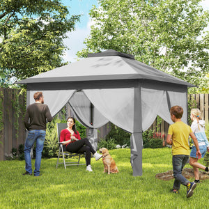11' x 11' Pop Up Canopy, Double Roof Foldable Canopy Tent with Zipper Mesh Sidewalls, Height Adjustable and Carrying Bag, Event Tent for Patio Garden Backyard, Light Grey