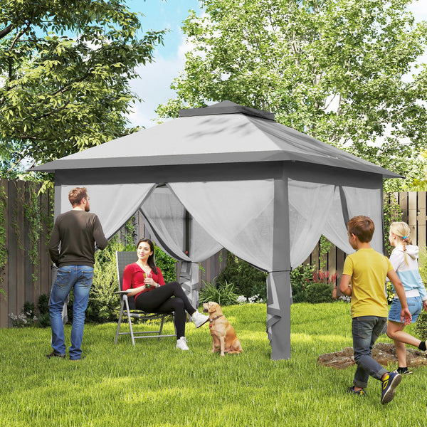 11' x 11' Pop Up Canopy, Double Roof Foldable Canopy Tent with Zipper Mesh Sidewalls, Height Adjustable and Carrying Bag, Event Tent for Patio Garden Backyard, Light Grey