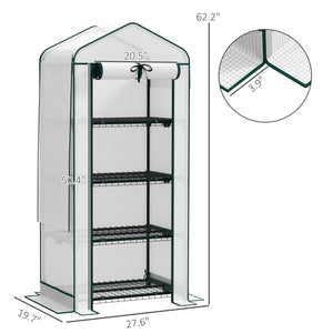 Outsunny 4 Tier Mini Greenhouse with Screen Roof, 27.6" x 19.7" x 62.2", Portable Small Greenhouse with High Strength PE Cover, Roll-Up Zipper Door for Garden Yard Backyard, White