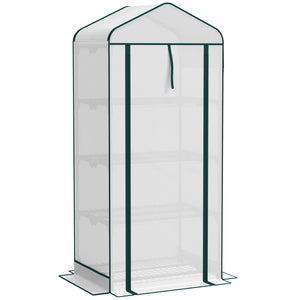 Outsunny 4 Tier Mini Greenhouse with Screen Roof, 27.6" x 19.7" x 62.2", Portable Small Greenhouse with High Strength PE Cover, Roll-Up Zipper Door for Garden Yard Backyard, White