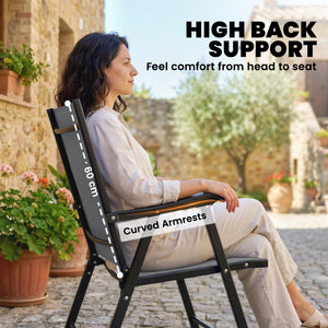 Folding Garden Chairs Set of 2, Foldable Garden Dining Chairs with High Back and Armrests, Breathable Texteline Folding Outdoor Chair Set with Metal Frame for Patio, Balcony, Light Grey