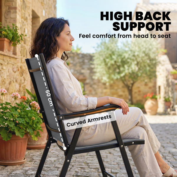Folding Garden Chairs Set of 2, Foldable Garden Dining Chairs with High Back and Armrests, Breathable Texteline Folding Outdoor Chair Set with Metal Frame for Patio, Balcony, Light Grey