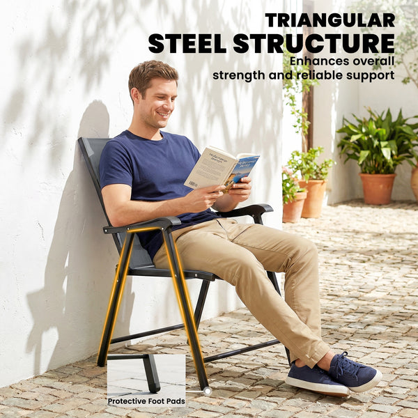 Folding Garden Chairs Set of 2, Foldable Garden Dining Chairs with High Back and Armrests, Breathable Texteline Folding Outdoor Chair Set with Metal Frame for Patio, Balcony, Light Grey