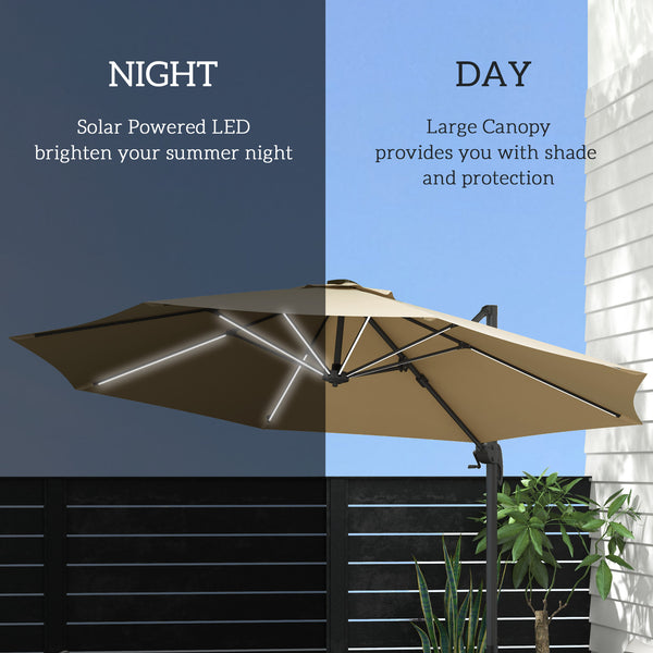 3(m) Cantilever Roma Parasol Adjustable Garden Sun Umbrella with LED Solar Light, Aluminium Frame, Tilt & Crank, UV50+, Cross Base Rotating Outdoor- Khaki