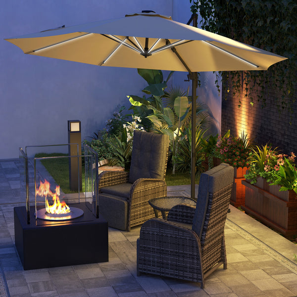 3(m) Cantilever Roma Parasol Adjustable Garden Sun Umbrella with LED Solar Light, Aluminium Frame, Tilt & Crank, UV50+, Cross Base Rotating Outdoor- Khaki