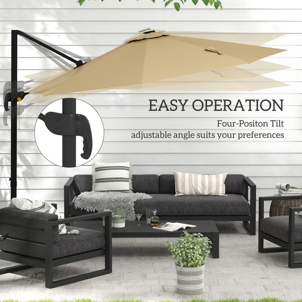 3(m) Cantilever Roma Parasol Adjustable Garden Sun Umbrella with LED Solar Light, Aluminium Frame, Tilt & Crank, UV50+, Cross Base Rotating Outdoor- Khaki