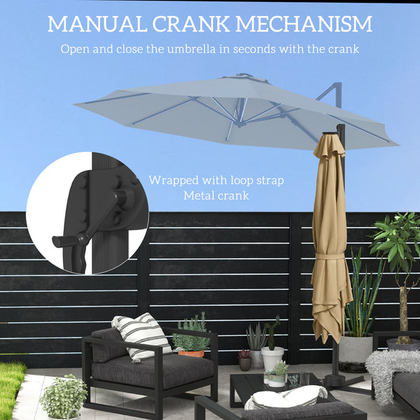 3(m) Cantilever Roma Parasol Adjustable Garden Sun Umbrella with LED Solar Light, Aluminium Frame, Tilt & Crank, UV50+, Cross Base Rotating Outdoor- Khaki