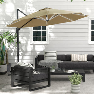 3(m) Cantilever Roma Parasol Adjustable Garden Sun Umbrella with LED Solar Light, Aluminium Frame, Tilt & Crank, UV50+, Cross Base Rotating Outdoor- Khaki