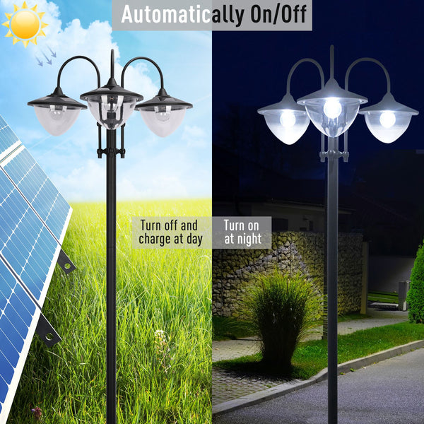 Outsunny 74.5" 3-head Solar Lamp Post Street Light with Planter, Automatic-on, 6 Hour Max Outdoor Ready LED Lighting, Black