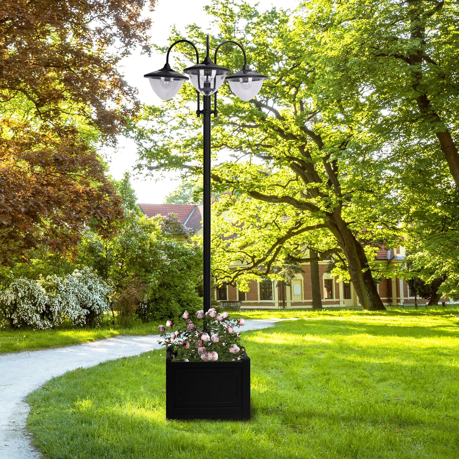 trellis planter with solar lights Outsunny 74.5" 3-head Solar Lamp Post Street Light with Planter, Automatic-on, 6 Hour Max Outdoor Ready LED Lighting, Black