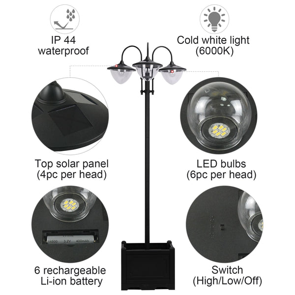 Outsunny 74.5" 3-head Solar Lamp Post Street Light with Planter, Automatic-on, 6 Hour Max Outdoor Ready LED Lighting, Black