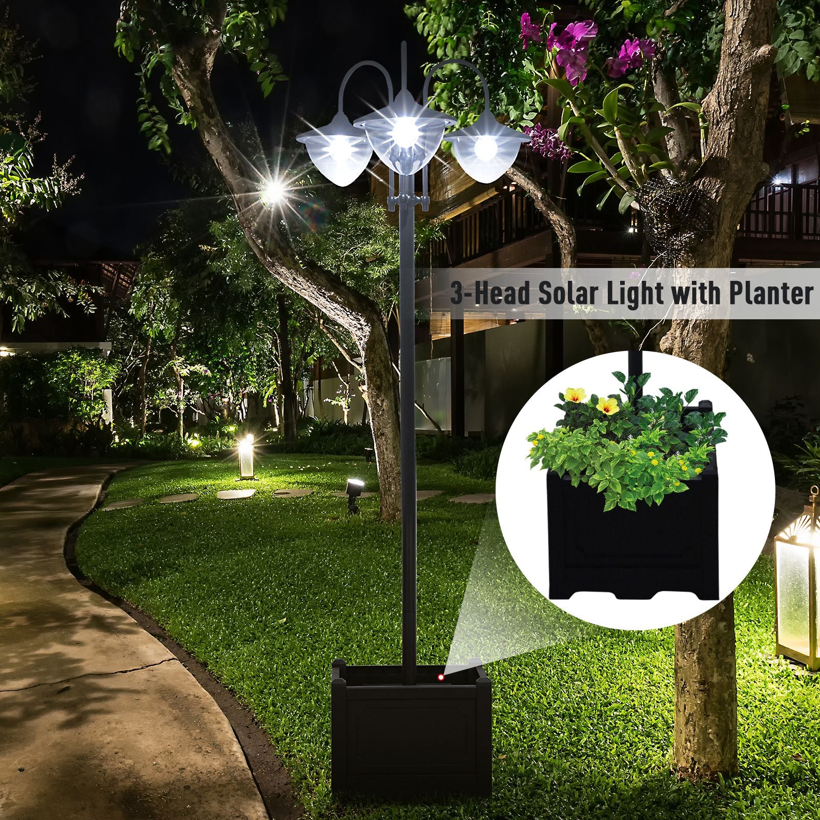 trellis planter with solar lights Outsunny 74.5" 3-head Solar Lamp Post Street Light with Planter, Automatic-on, 6 Hour Max Outdoor Ready LED Lighting, Black