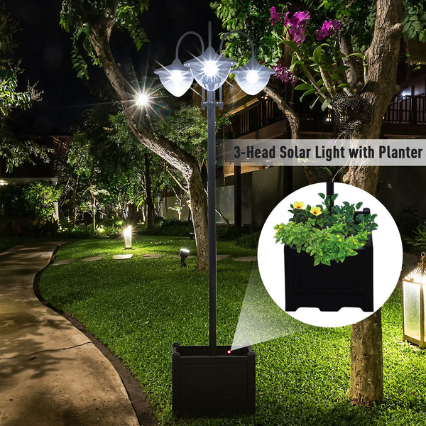 Outsunny 74.5" 3-head Solar Lamp Post Street Light with Planter, Automatic-on, 6 Hour Max Outdoor Ready LED Lighting, Black